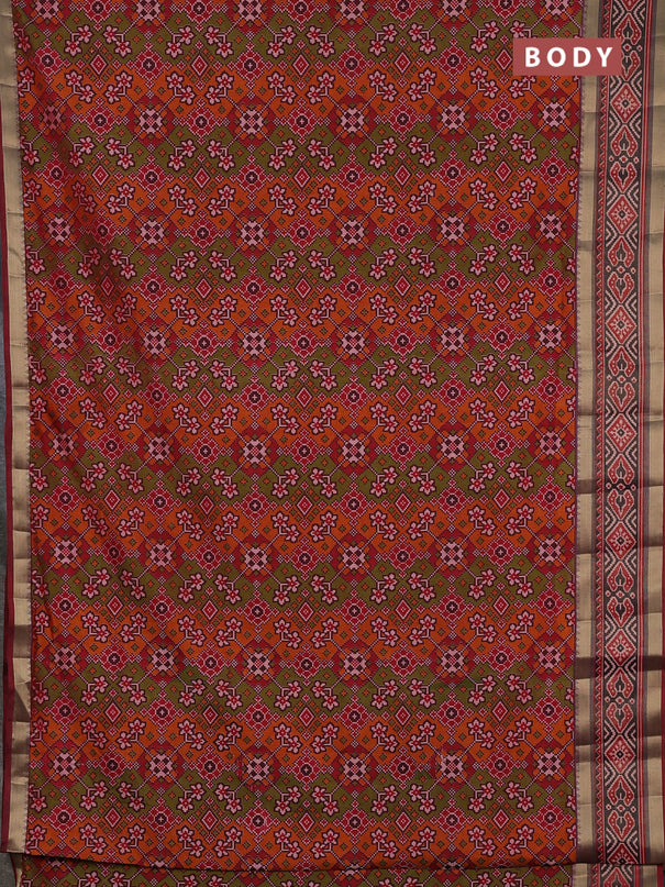 Semi tussar saree mehendi green and maroon with allover ikat prints and ikat woven zari border