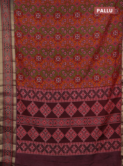 Semi tussar saree mehendi green and maroon with allover ikat prints and ikat woven zari border