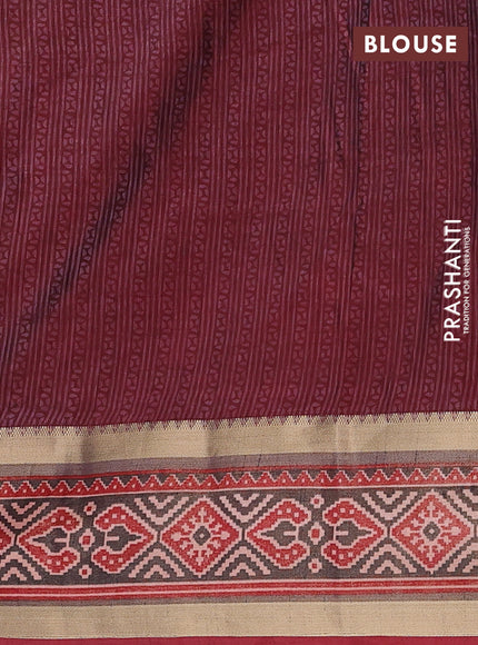 Semi tussar saree mehendi green and maroon with allover ikat prints and ikat woven zari border