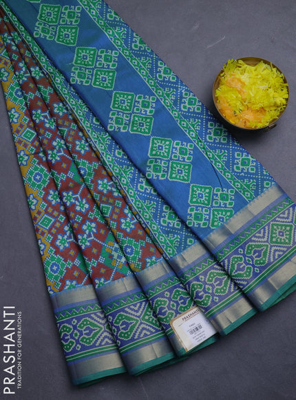 Semi tussar saree light green with allover ikat prints and ikat woven zari border