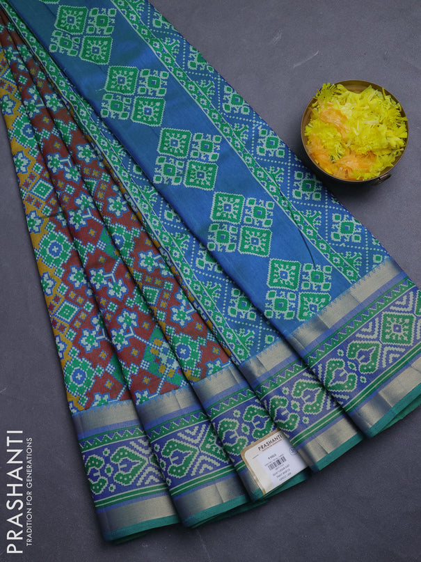 Semi tussar saree light green with allover ikat prints and ikat woven zari border