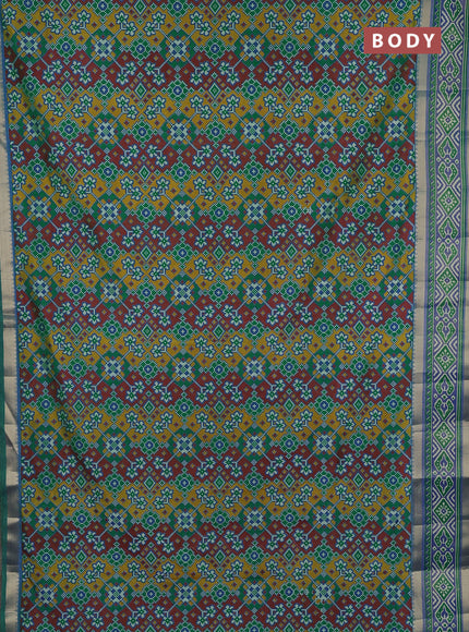 Semi tussar saree light green with allover ikat prints and ikat woven zari border