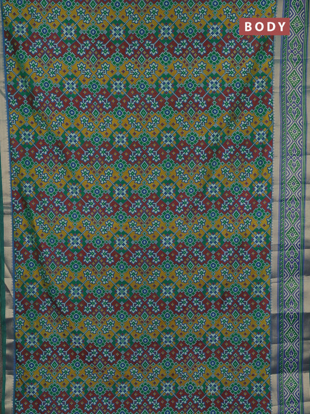 Semi tussar saree light green with allover ikat prints and ikat woven zari border