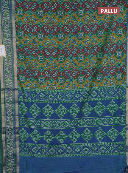 Semi tussar saree light green with allover ikat prints and ikat woven zari border