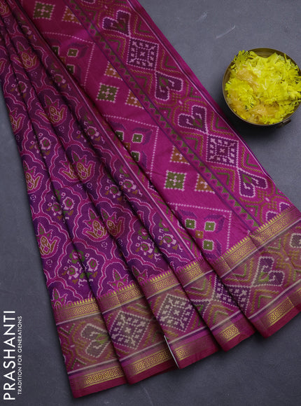 Semi tussar saree dual shade of purple and pink with allover ikat prints and ikat woven zari border