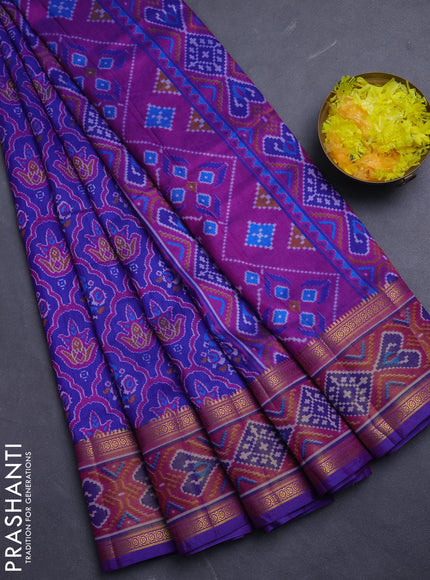Semi tussar saree blue and pink with allover ikat prints and ikat woven zari border