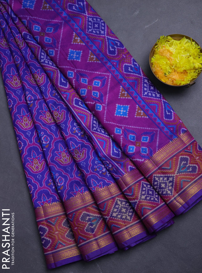Semi tussar saree blue and pink with allover ikat prints and ikat woven zari border