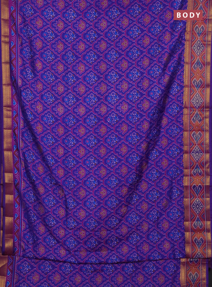 Semi tussar saree blue and pink with allover ikat prints and ikat woven zari border