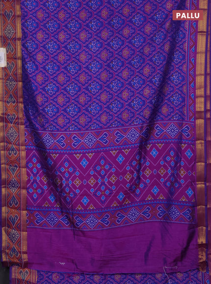 Semi tussar saree blue and pink with allover ikat prints and ikat woven zari border