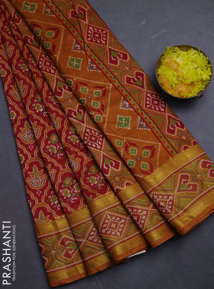 Semi tussar saree maroon and mustard yellow with allover ikat prints and ikat woven zari border