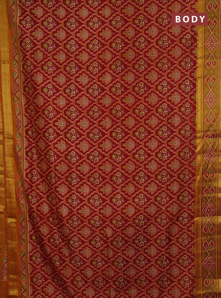 Semi tussar saree maroon and mustard yellow with allover ikat prints and ikat woven zari border
