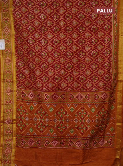 Semi tussar saree maroon and mustard yellow with allover ikat prints and ikat woven zari border