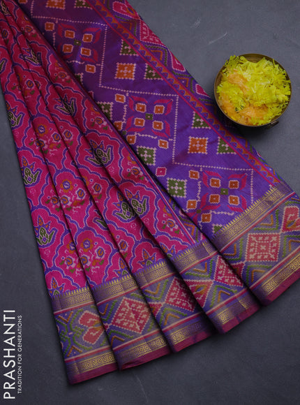 Semi tussar saree pink with allover ikat prints and ikat woven zari border