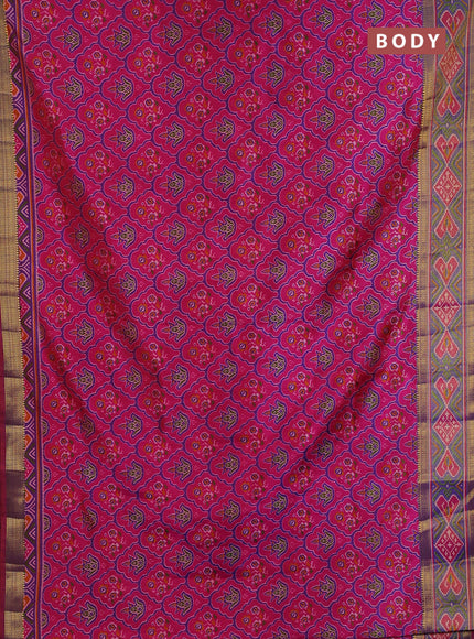 Semi tussar saree pink with allover ikat prints and ikat woven zari border