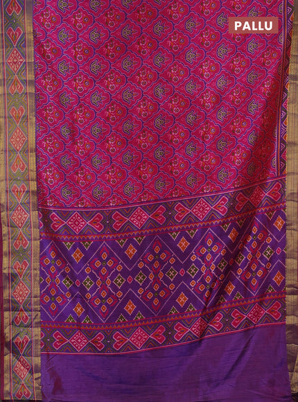 Semi tussar saree pink with allover ikat prints and ikat woven zari border