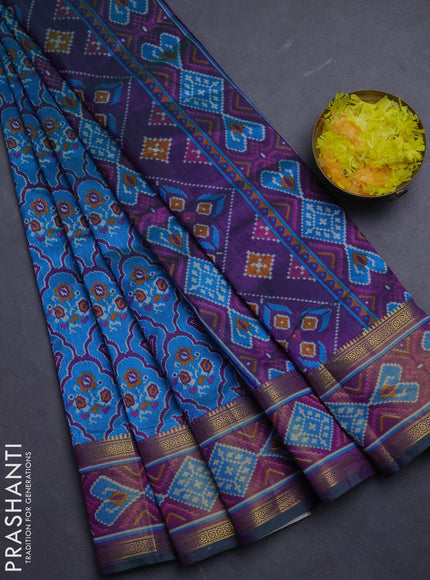 Semi tussar saree dual shade of bluish green and green with allover ikat prints and ikat woven zari border