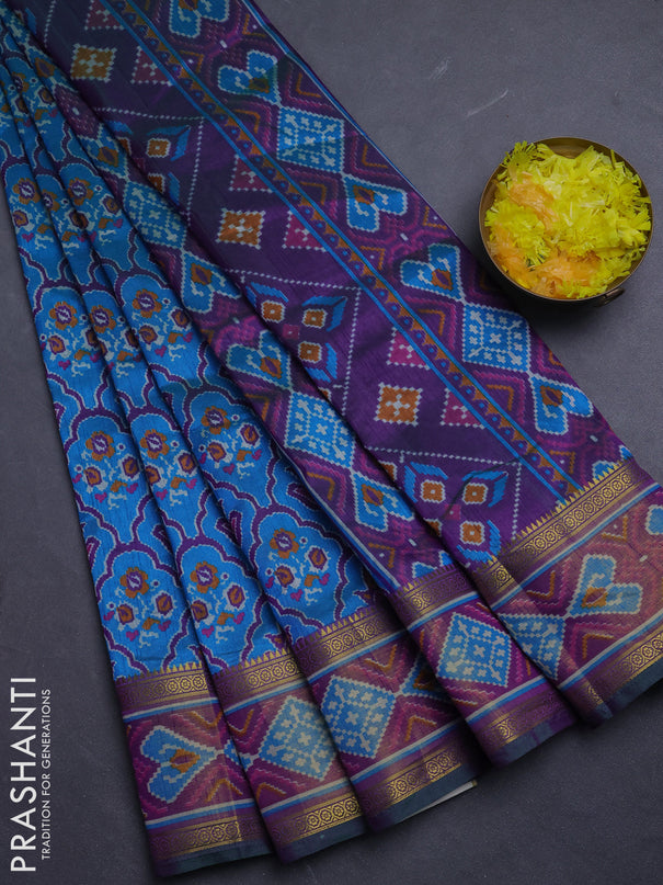 Semi tussar saree dual shade of bluish green and green with allover ikat prints and ikat woven zari border