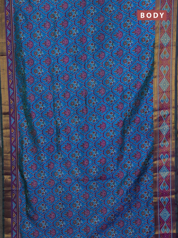 Semi tussar saree dual shade of bluish green and green with allover ikat prints and ikat woven zari border