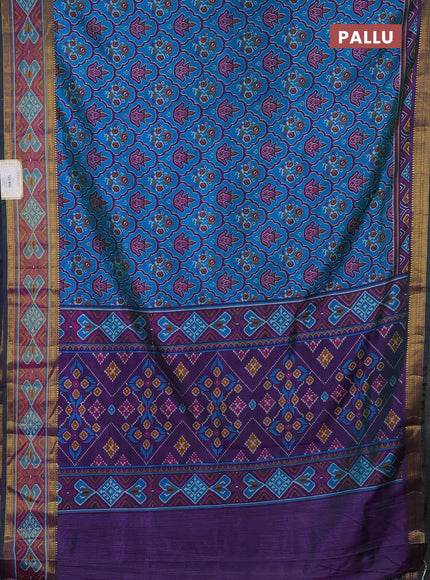 Semi tussar saree dual shade of bluish green and green with allover ikat prints and ikat woven zari border