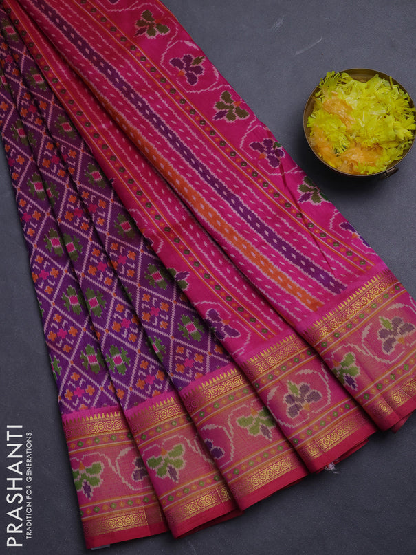 Semi tussar saree magenta pink and pink with allover ikat prints and ikat woven zari border