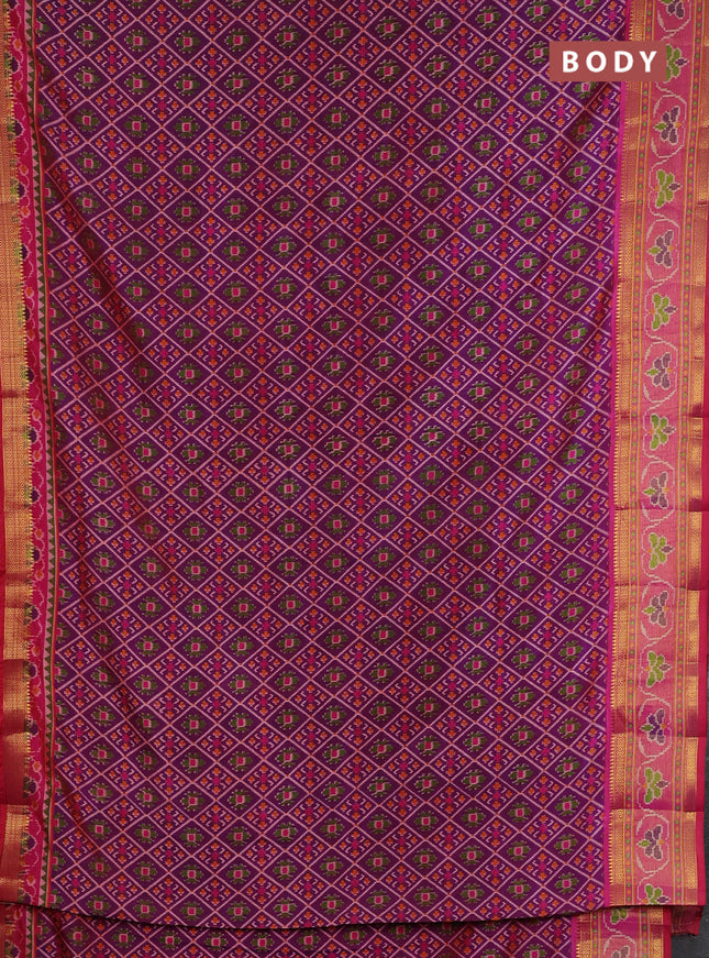 Semi tussar saree magenta pink and pink with allover ikat prints and ikat woven zari border