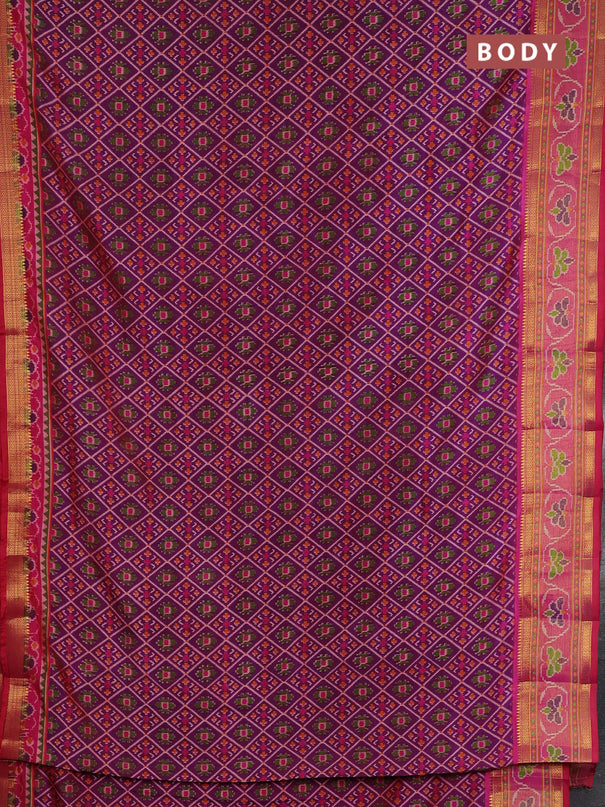 Semi tussar saree magenta pink and pink with allover ikat prints and ikat woven zari border