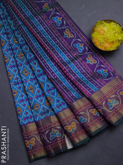 Semi tussar saree dual shade of bluish green and green with allover ikat prints and ikat woven zari border