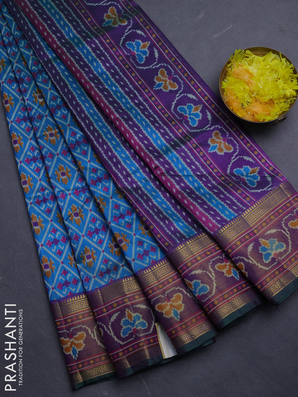 Semi tussar saree dual shade of bluish green and green with allover ikat prints and ikat woven zari border