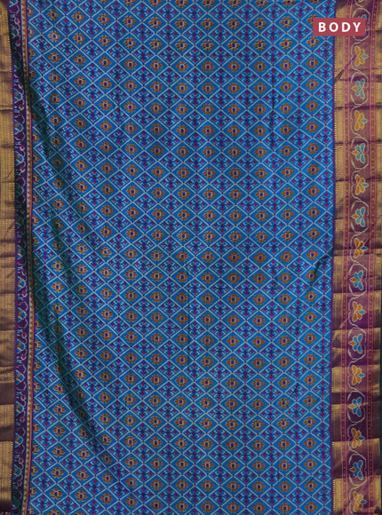 Semi tussar saree dual shade of bluish green and green with allover ikat prints and ikat woven zari border
