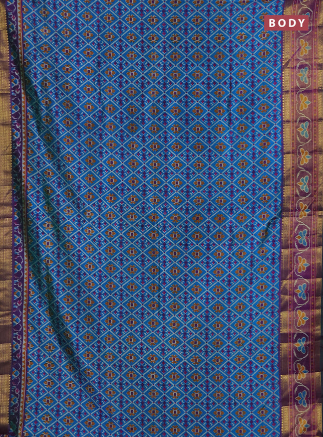Semi tussar saree dual shade of bluish green and green with allover ikat prints and ikat woven zari border