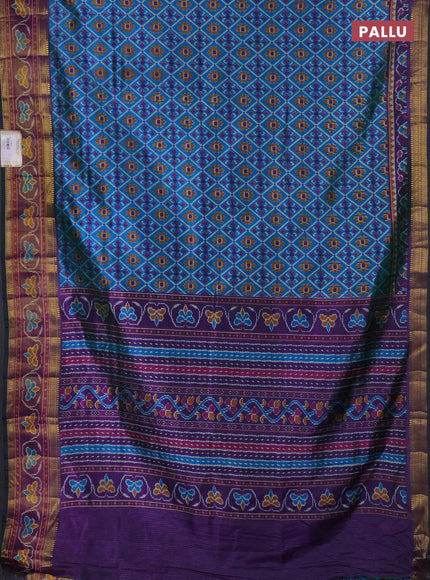 Semi tussar saree dual shade of bluish green and green with allover ikat prints and ikat woven zari border
