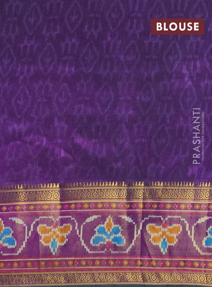 Semi tussar saree dual shade of bluish green and green with allover ikat prints and ikat woven zari border