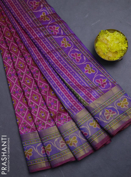 Semi tussar saree pink and light green with allover ikat prints and ikat woven zari border