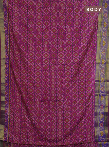 Semi tussar saree pink and light green with allover ikat prints and ikat woven zari border