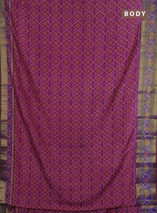 Semi tussar saree pink and light green with allover ikat prints and ikat woven zari border