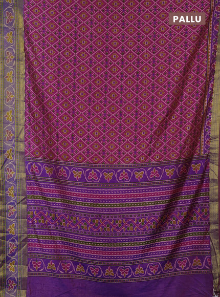 Semi tussar saree pink and light green with allover ikat prints and ikat woven zari border