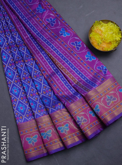 Semi tussar saree blue and pink with allover ikat prints and ikat woven zari border