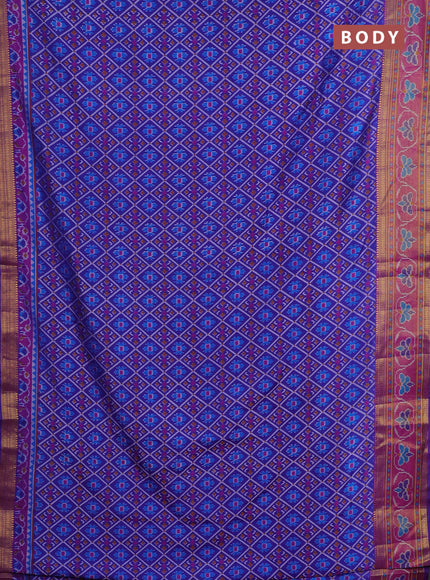 Semi tussar saree blue and pink with allover ikat prints and ikat woven zari border