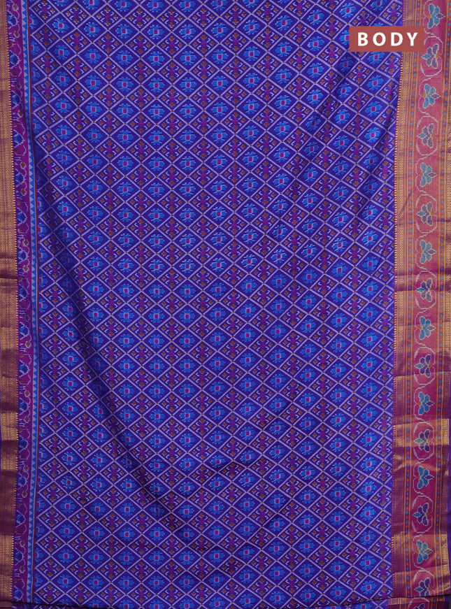 Semi tussar saree blue and pink with allover ikat prints and ikat woven zari border