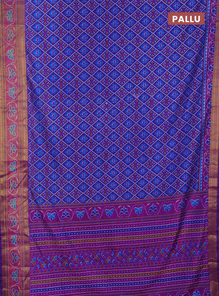 Semi tussar saree blue and pink with allover ikat prints and ikat woven zari border