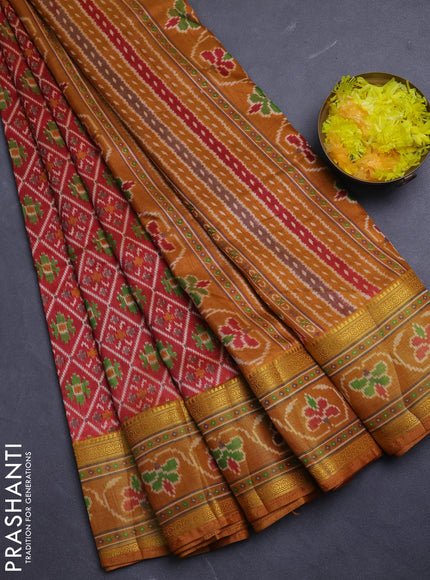 Semi tussar saree maroon and rust shade with allover ikat prints and ikat woven zari border