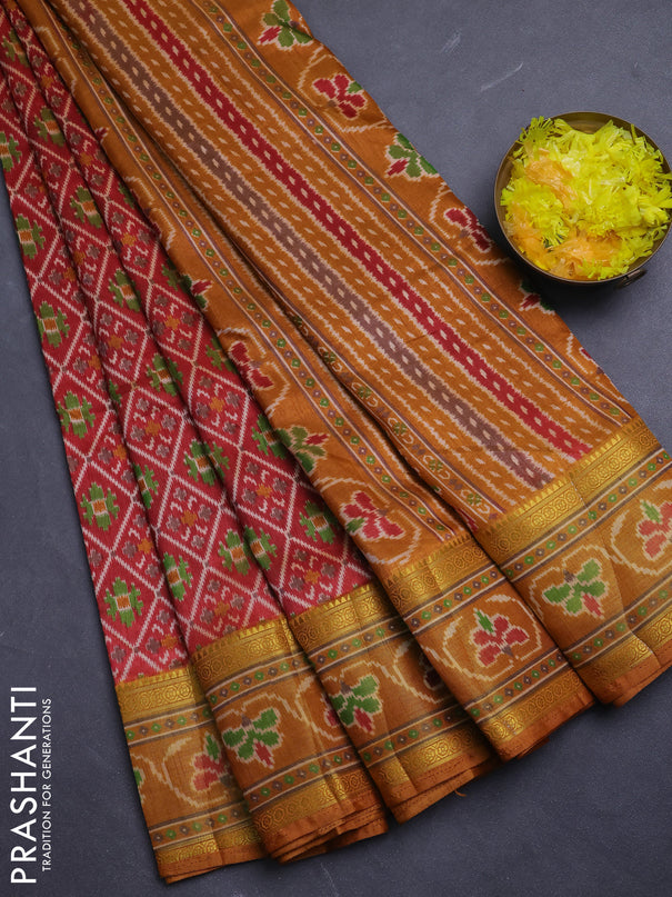 Semi tussar saree maroon and rust shade with allover ikat prints and ikat woven zari border