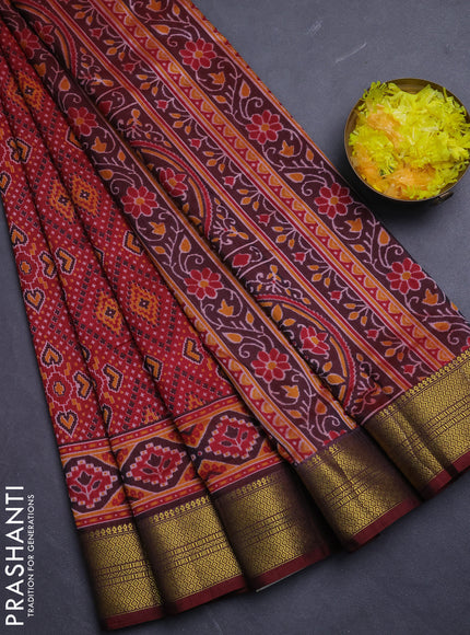 Semi tussar saree maroon with allover ikat prints and zari woven border