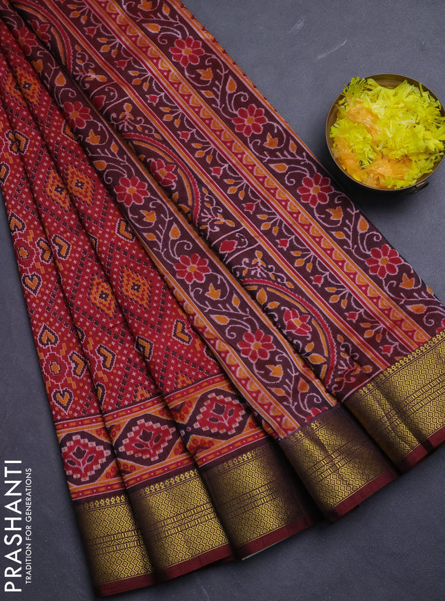 Semi tussar saree maroon with allover ikat prints and zari woven border