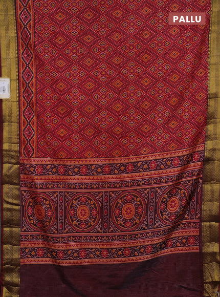 Semi tussar saree maroon with allover ikat prints and zari woven border