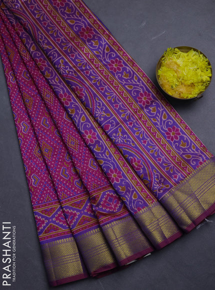 Semi tussar saree dark pink and purple with allover ikat prints and zari woven border