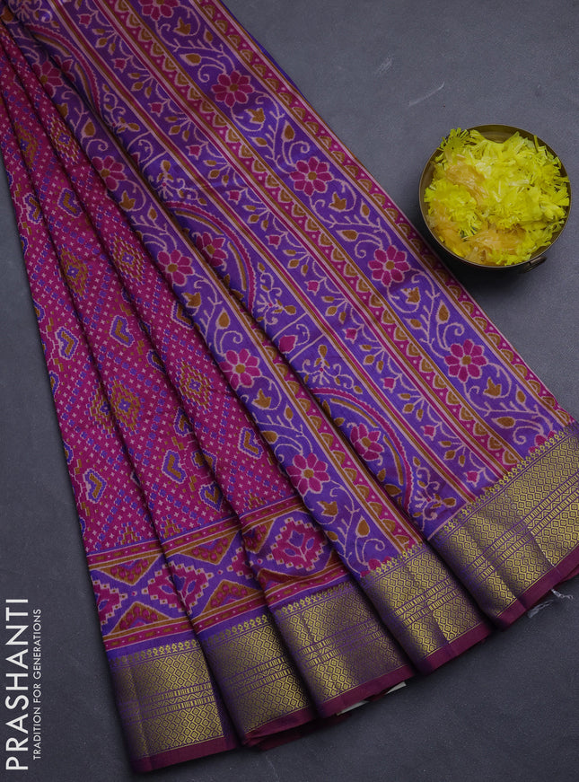 Semi tussar saree dark pink and purple with allover ikat prints and zari woven border