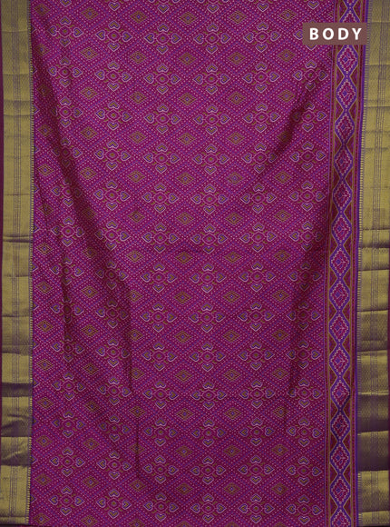 Semi tussar saree dark pink and purple with allover ikat prints and zari woven border