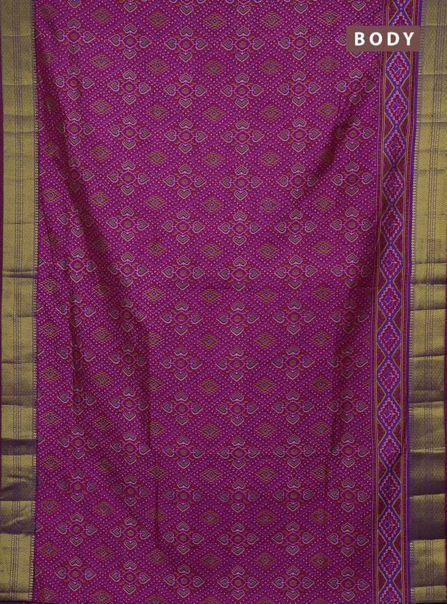 Semi tussar saree dark pink and purple with allover ikat prints and zari woven border
