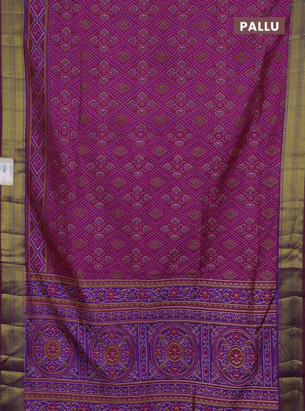 Semi tussar saree dark pink and purple with allover ikat prints and zari woven border